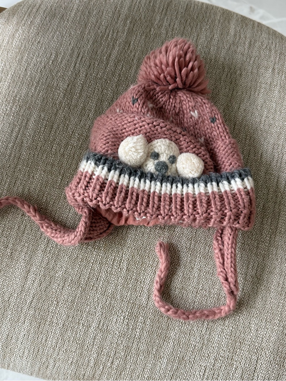 Zara Kids Rose Pink Knit Bear Pom Pom Earflap Hat